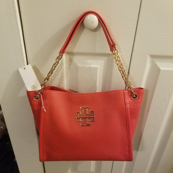 Tory Burch Handbags - ON HOLD NWT Tory Burch Leather Poppy Red Britten Small Slouchy Tote